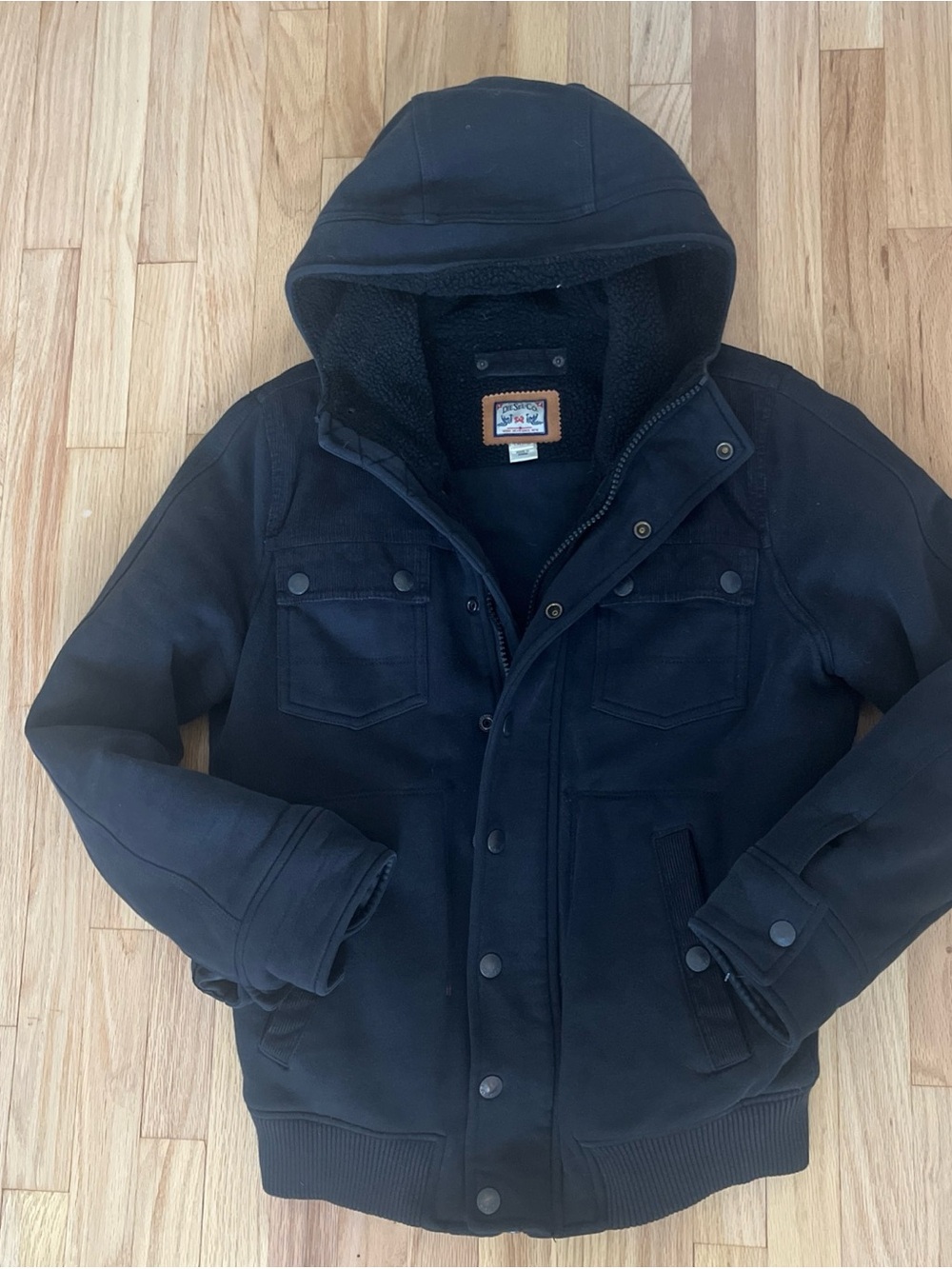 Vintage Diesel Work Wear Bomber Down Jacket Hooded Sherpa Lined Medium